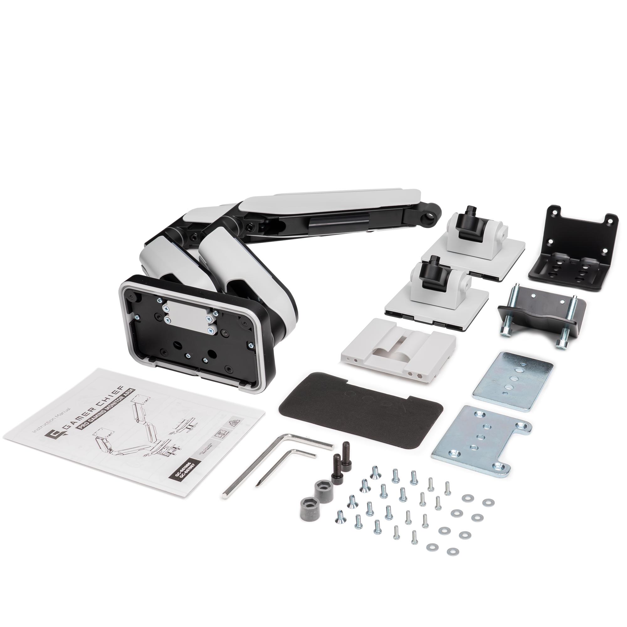 A large main feature product image of GamerChief Pro Gaming Dual Monitor Arm - Greyish White w/RGB