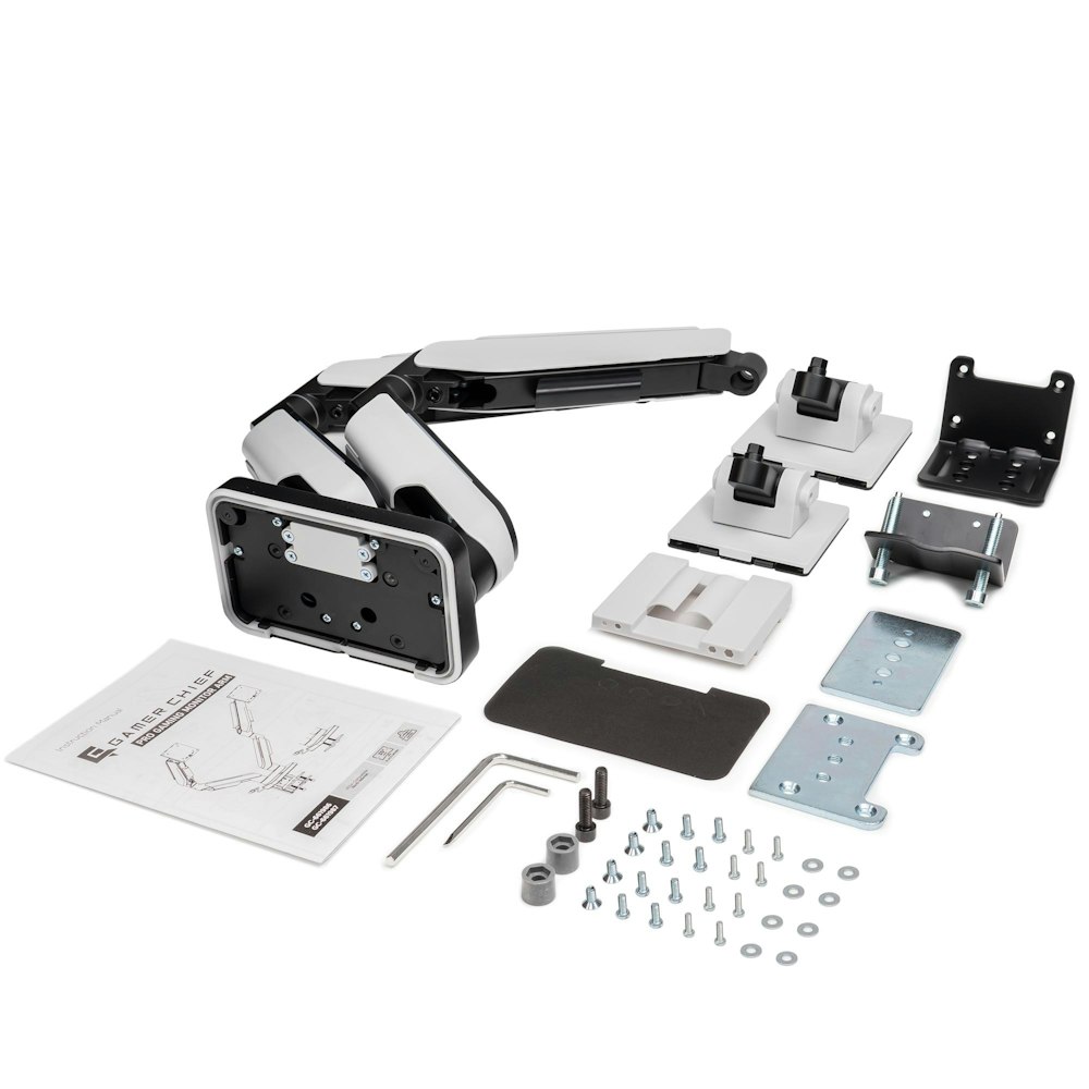 A large main feature product image of GamerChief Pro Gaming Dual Monitor Arm - Greyish White w/RGB
