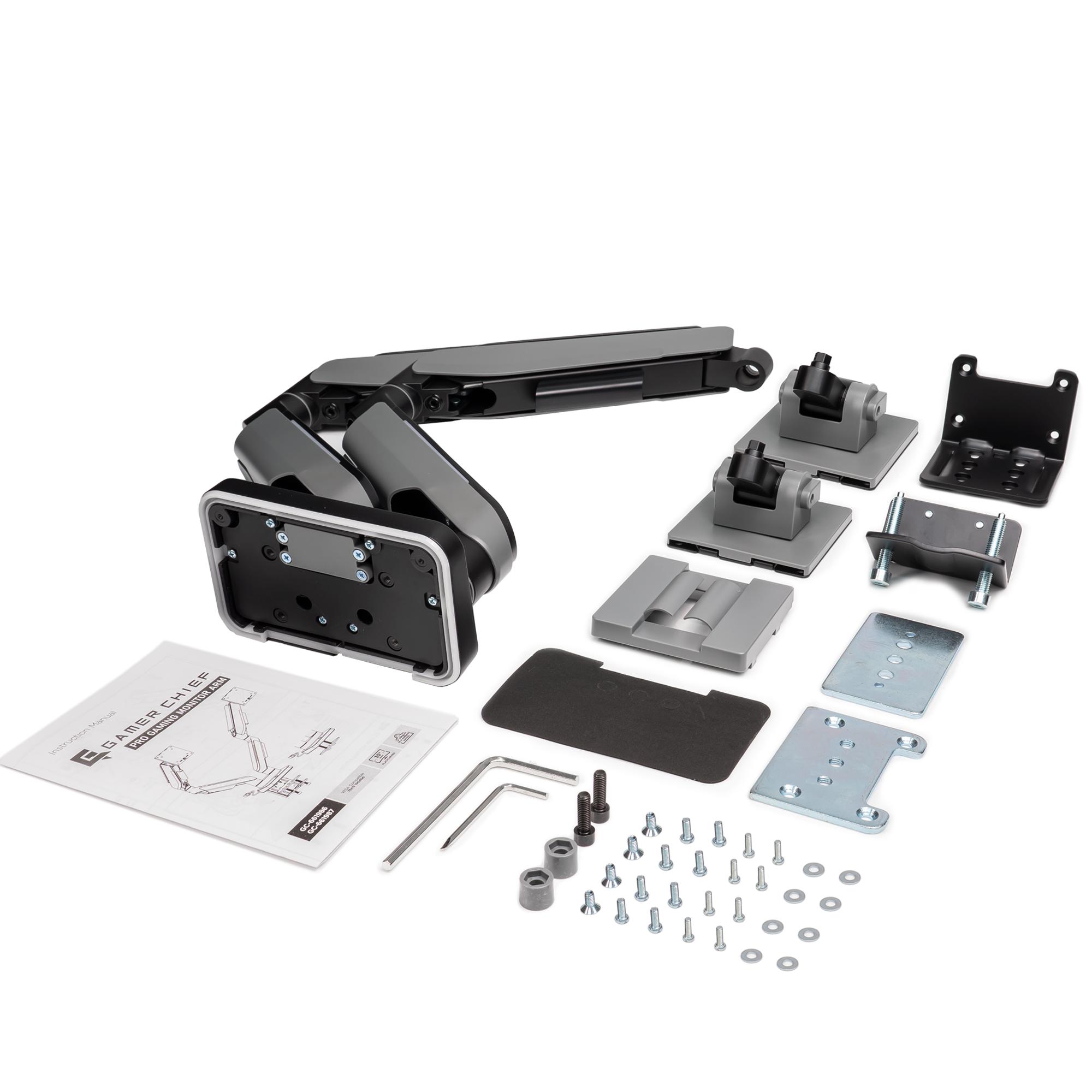 A large main feature product image of GamerChief Pro Gaming Dual Monitor Arm - Dark Grey w/RGB