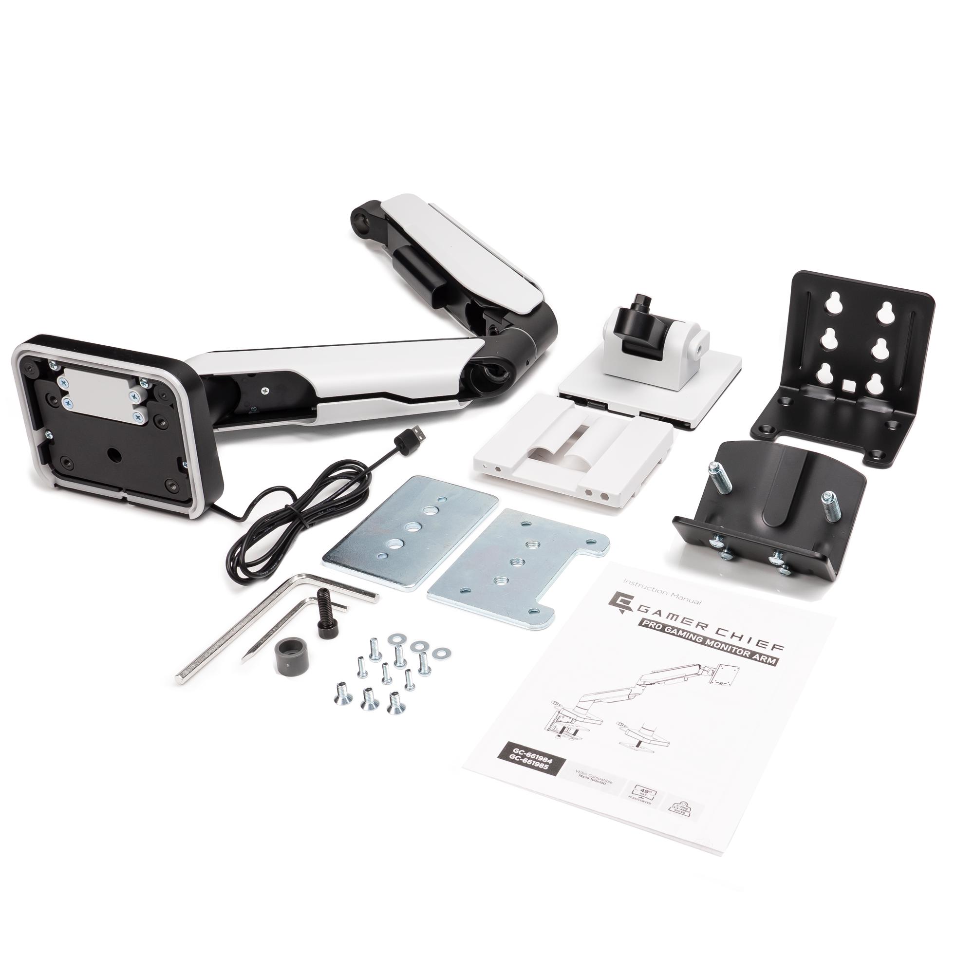 A large main feature product image of GamerChief Pro Gaming Single Monitor Arm - Greyish White w/RGB