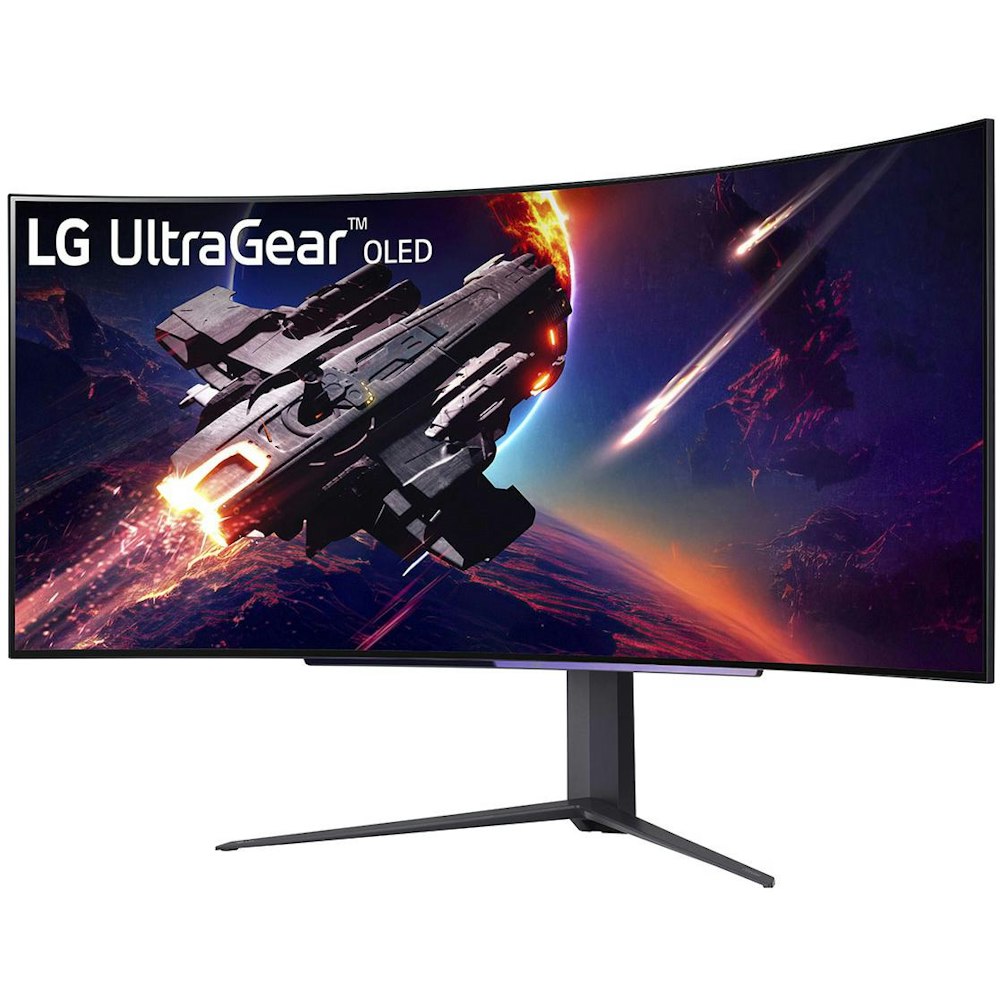 A large main feature product image of EX-DEMO LG UltraGear 45GR95QE-B 45" Curved UWQHD Ultrawide 240Hz OLED Monitor