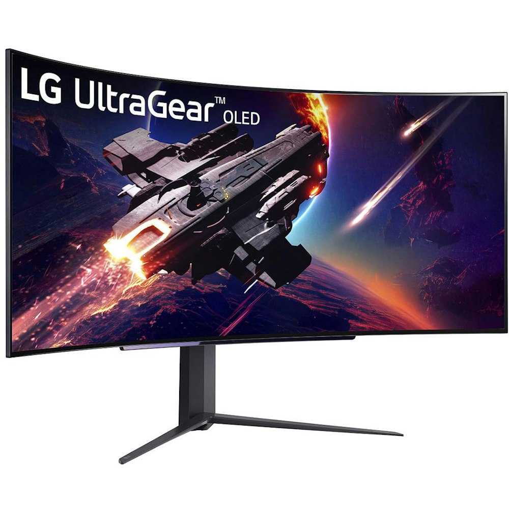 A large main feature product image of EX-DEMO LG UltraGear 45GR95QE-B 45" Curved UWQHD Ultrawide 240Hz OLED Monitor