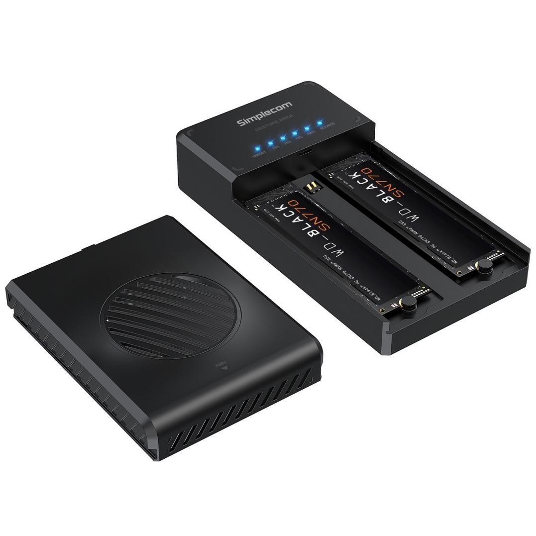 A large main feature product image of Simplecom SD560 Dual Bay NVMe M.2 SSD Enclosure Offline Clone Docking Station USB 3.2 Gen2 10Gbps