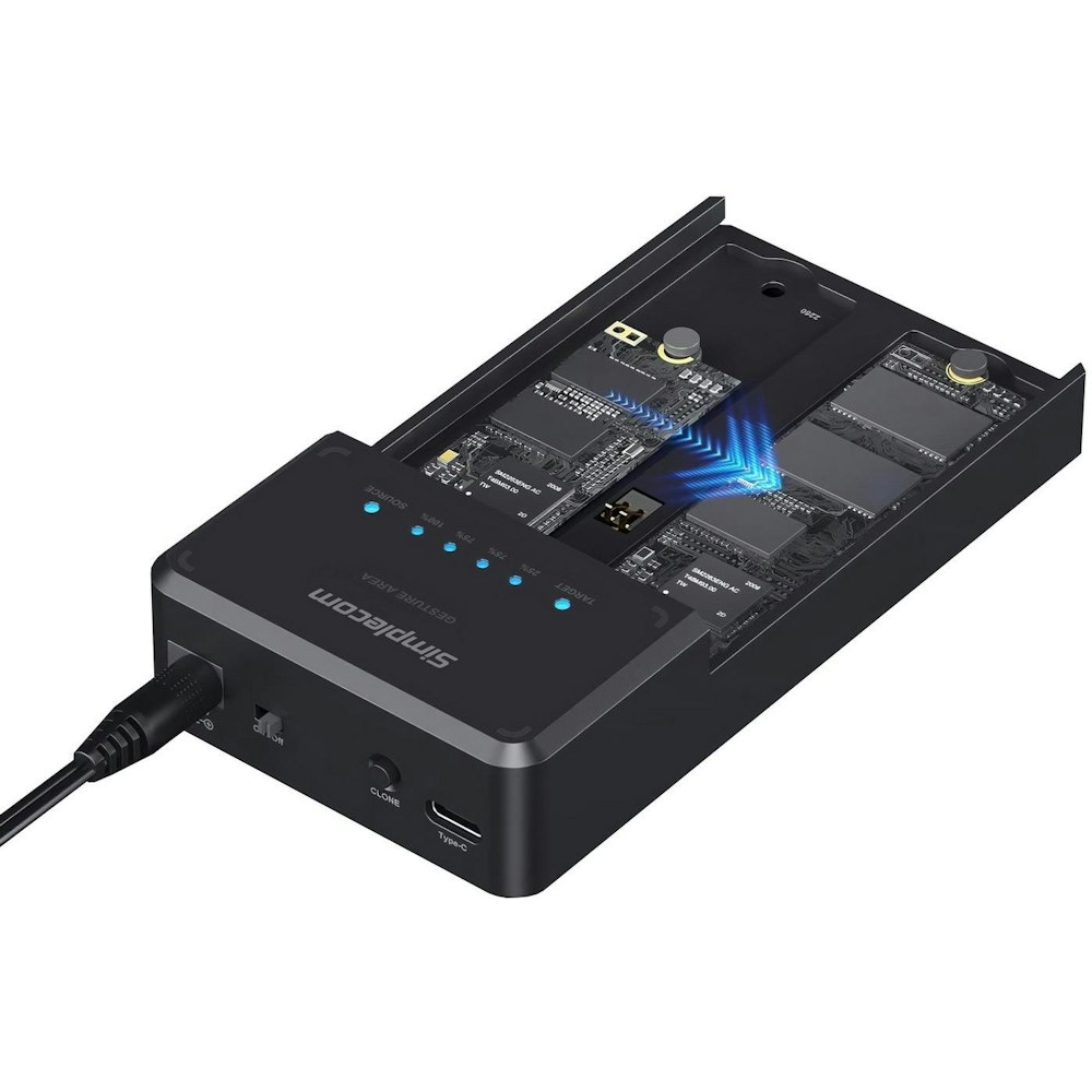 A large main feature product image of Simplecom SD560 Dual Bay NVMe M.2 SSD Enclosure Offline Clone Docking Station USB 3.2 Gen2 10Gbps
