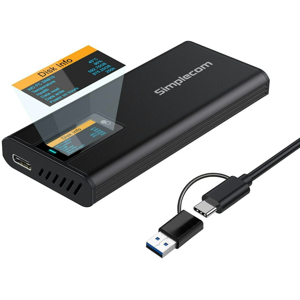 A large main feature product image of Simplecom SE530 NVMe / SATA M.2 SSD to USB-C Enclosure with SMART LED Screen USB 3.2 Gen 2 10Gbps
