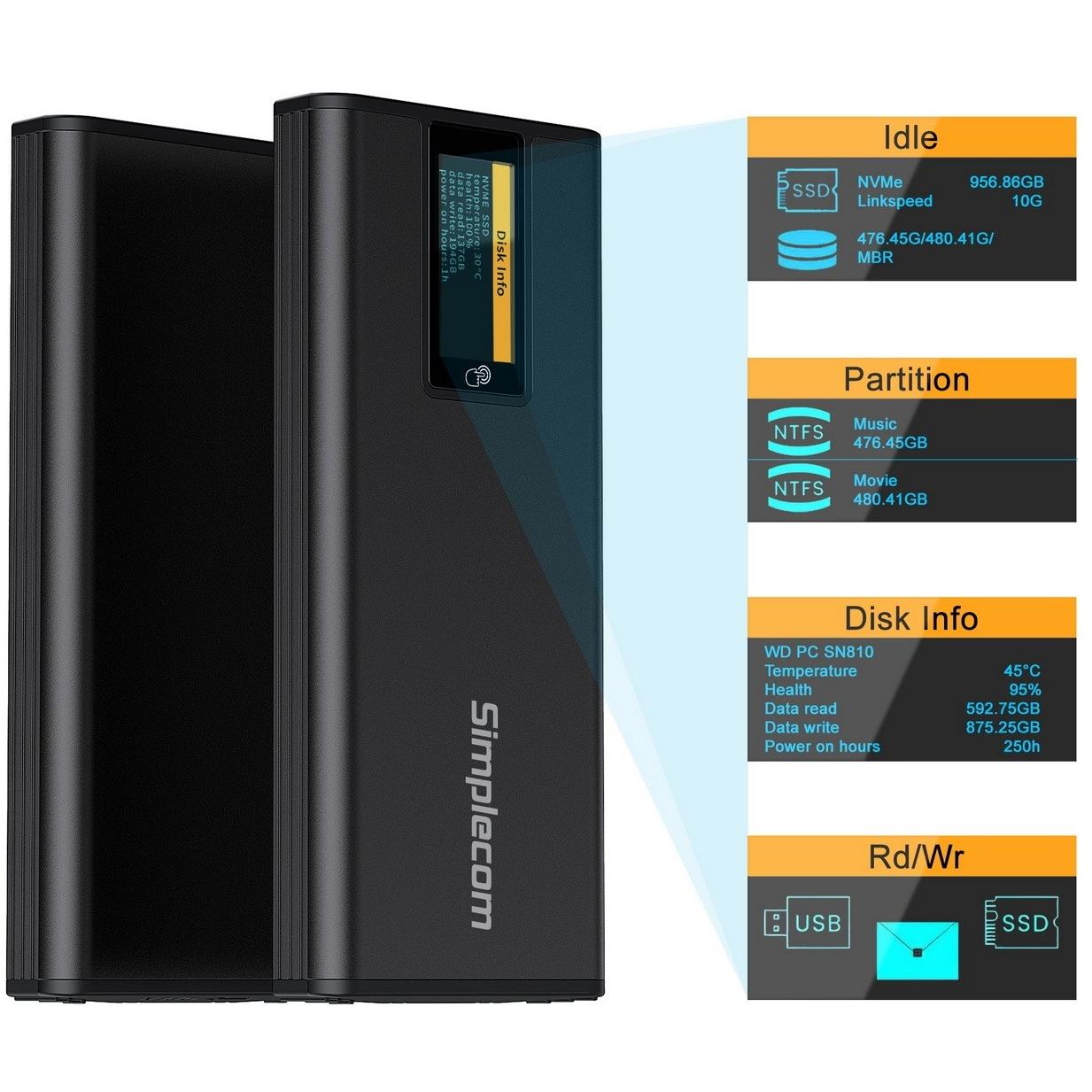 A large main feature product image of Simplecom SE530 NVMe / SATA M.2 SSD to USB Type-C Enclosure with SMART LED Screen USB 3.2 Gen 2 10Gbps