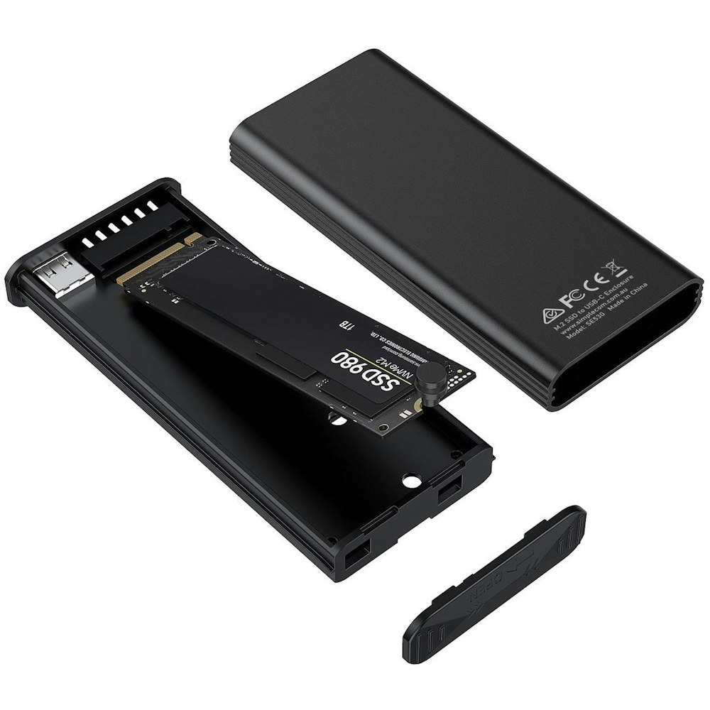 A large main feature product image of Simplecom SE530 NVMe / SATA M.2 SSD to USB-C Enclosure with SMART LED Screen USB 3.2 Gen 2 10Gbps