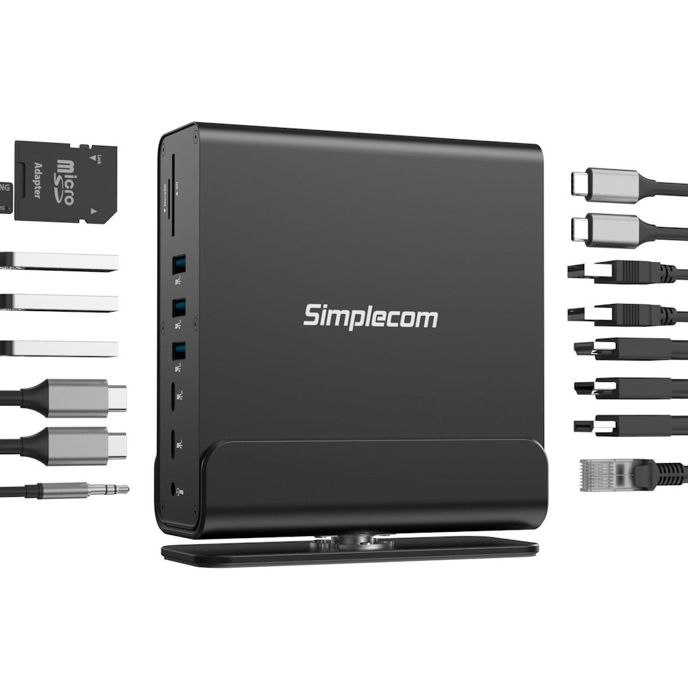 A large main feature product image of Simplecom CHT815 15-in-1 USB-C 4K Triple Display MST Docking Station with Dual HDMI DP