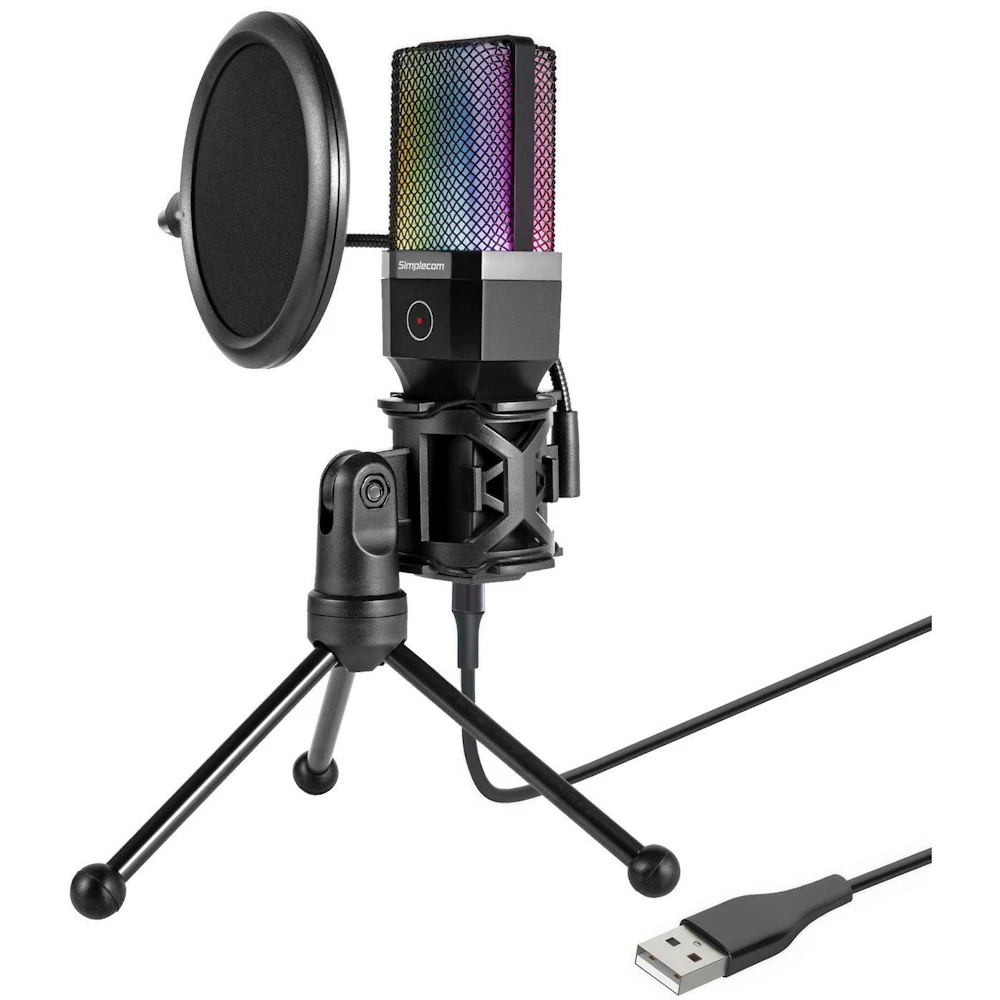 Simplecom UM650 USB Cardioid Condenser Microphone Gaming RGB Lights with Tripod & Pop Filter