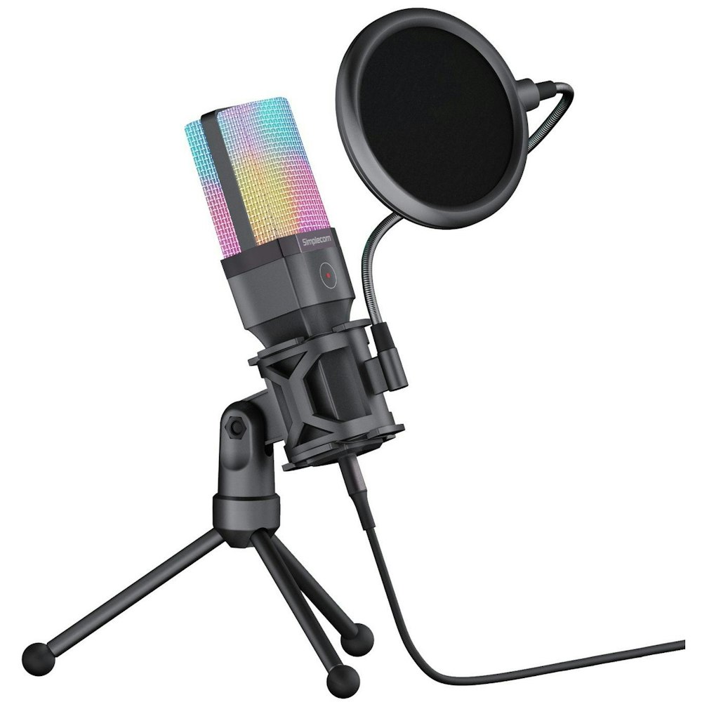 A large main feature product image of Simplecom UM650 USB Cardioid Condenser Microphone Gaming RGB Lights with Tripod & Pop Filter