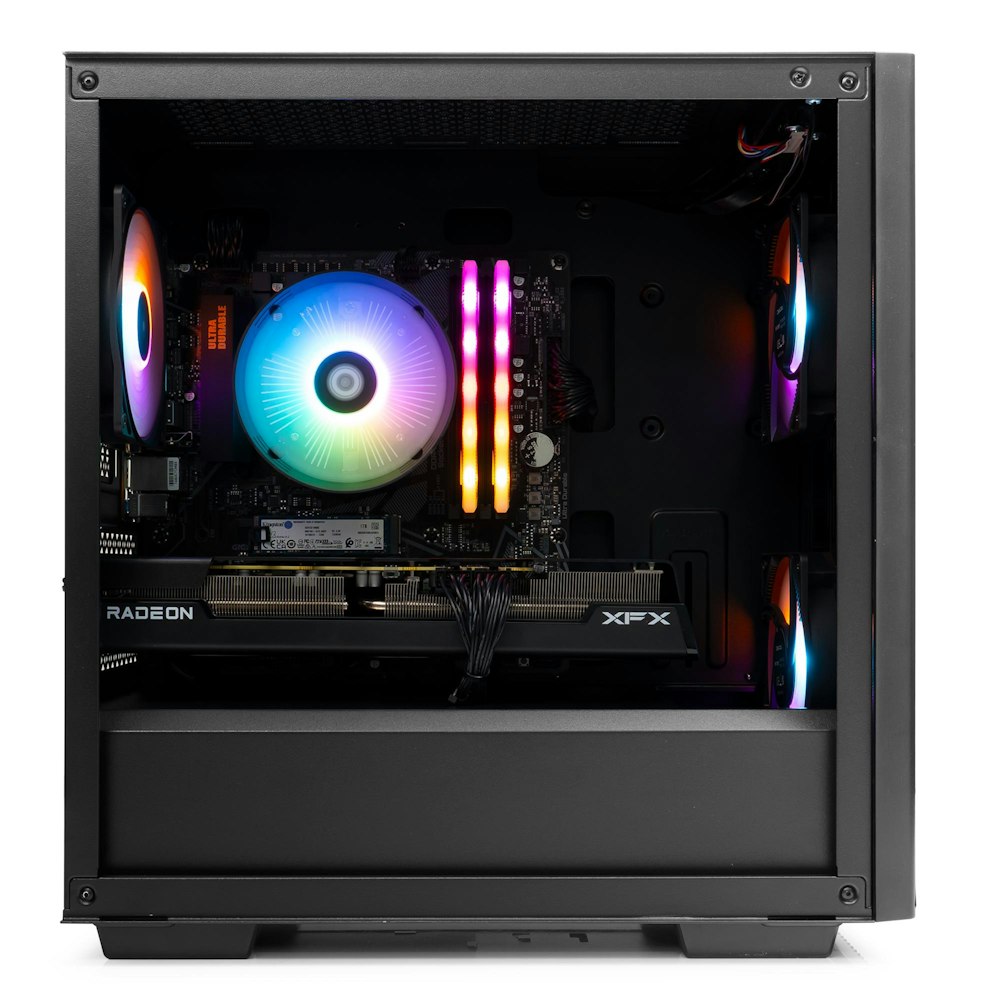 A large main feature product image of PLE Trident RX 7600 XT Prebuilt Ready To Go Gaming PC