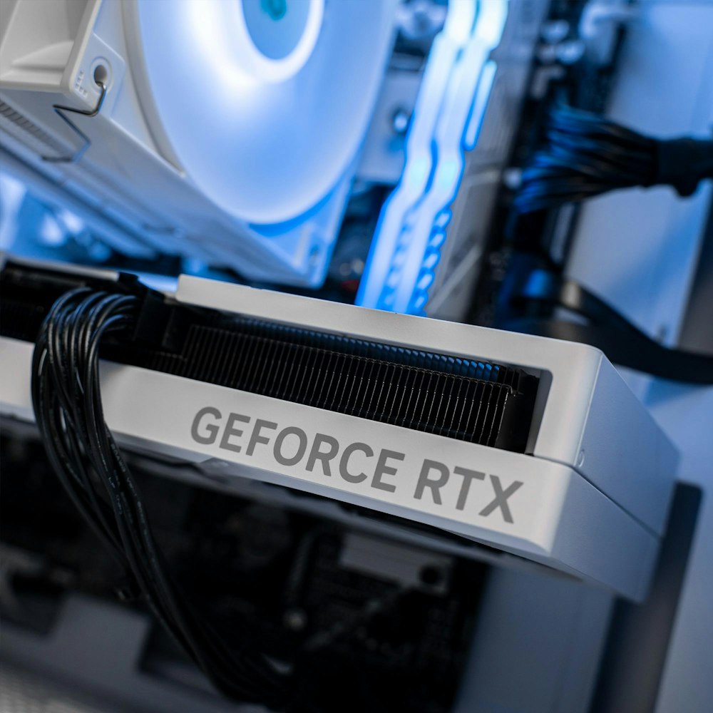 A large main feature product image of PLE Frost RTX 4060 Ti Prebuilt Ready To Go Gaming PC