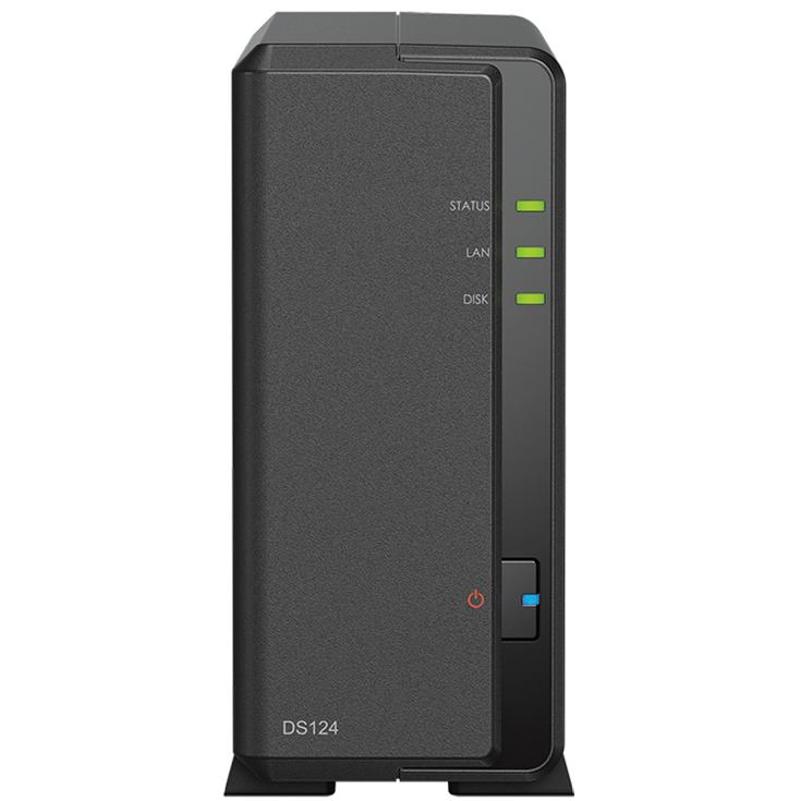 A large main feature product image of Synology DiskStation DS124 1-Bay NAS (1.4GHz Realtek 4-Core, 1GB RAM, 1GbE)