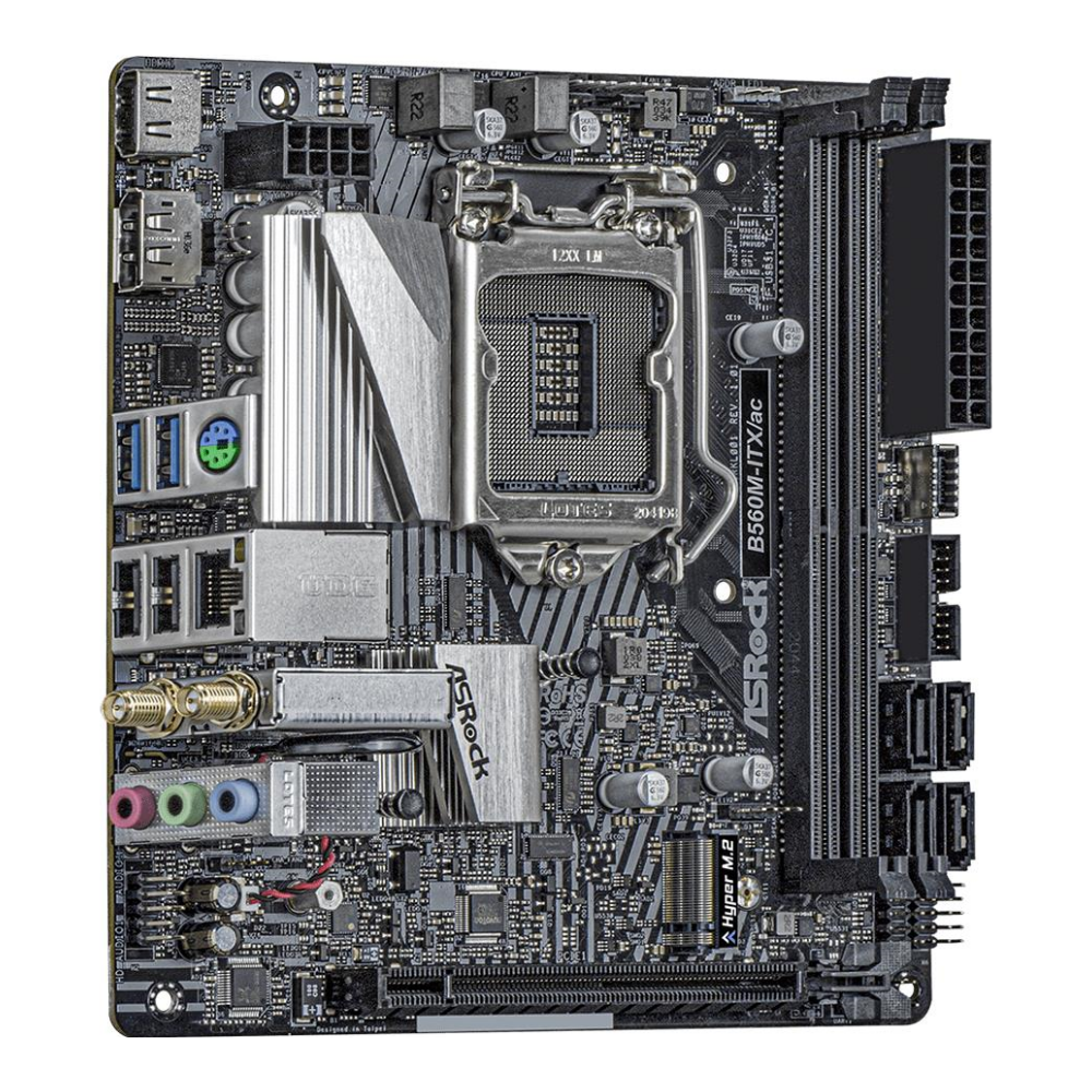 A large main feature product image of EX-DEMO ASRock B560M-ITX AC LGA1200 mITX Desktop Motherboard