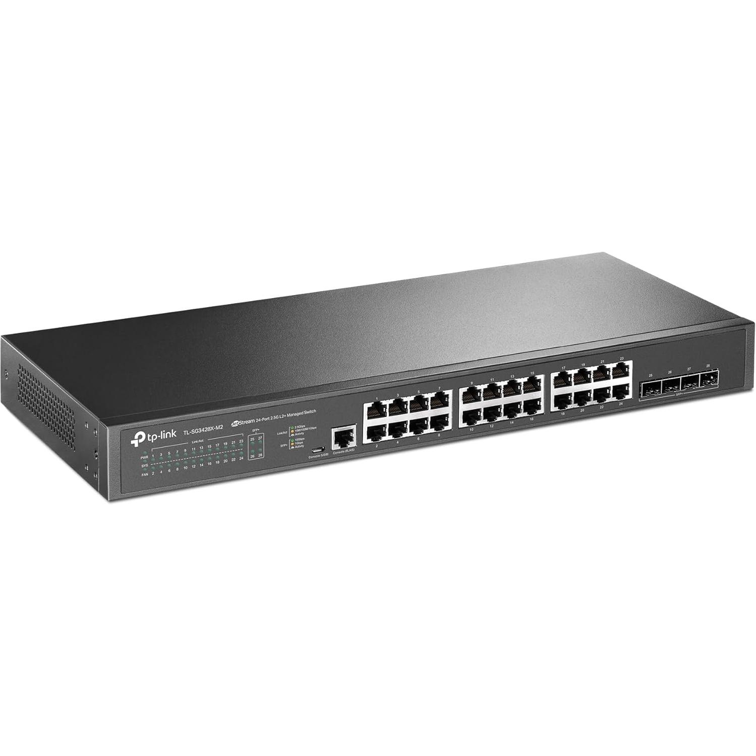 A large main feature product image of TP-Link JetStream TL-SG3428X-M2 - 24-Port 2.5GbE BASE-T L2+ Managed Switch with 4 10GbE SFP+ Slots