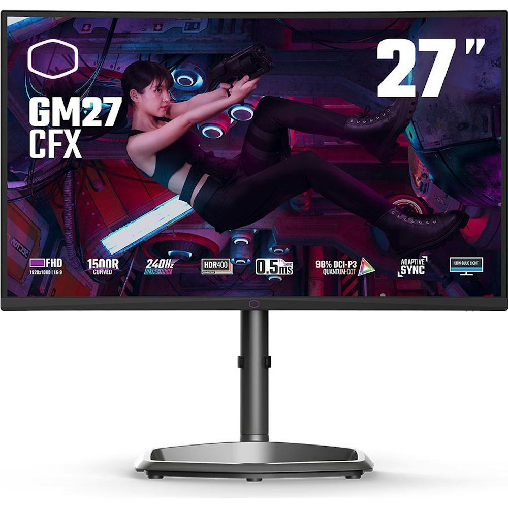 A large main feature product image of EX-DEMO Cooler Master GM27-CFX 27" Curved FHD 240Hz VA Monitor