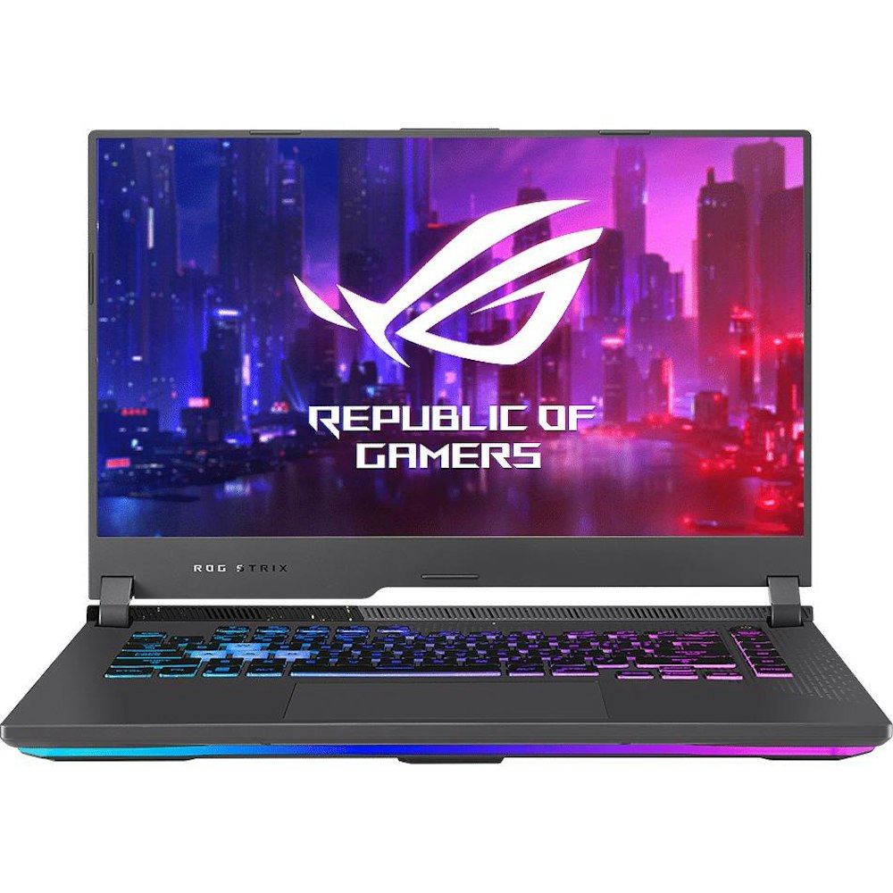 A large main feature product image of ASUS ROG Strix G15 (G513) - 15.6" 144Hz, Ryzen 7, RTX 3050, 16GB/512GB Win 11 Gaming Notebook