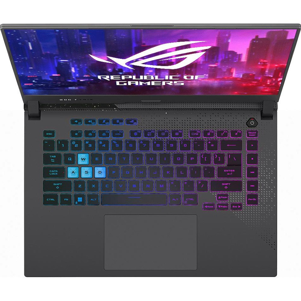 A large main feature product image of ASUS ROG Strix G15 (G513) - 15.6" 144Hz, Ryzen 7, RTX 3050, 16GB/512GB Win 11 Gaming Notebook