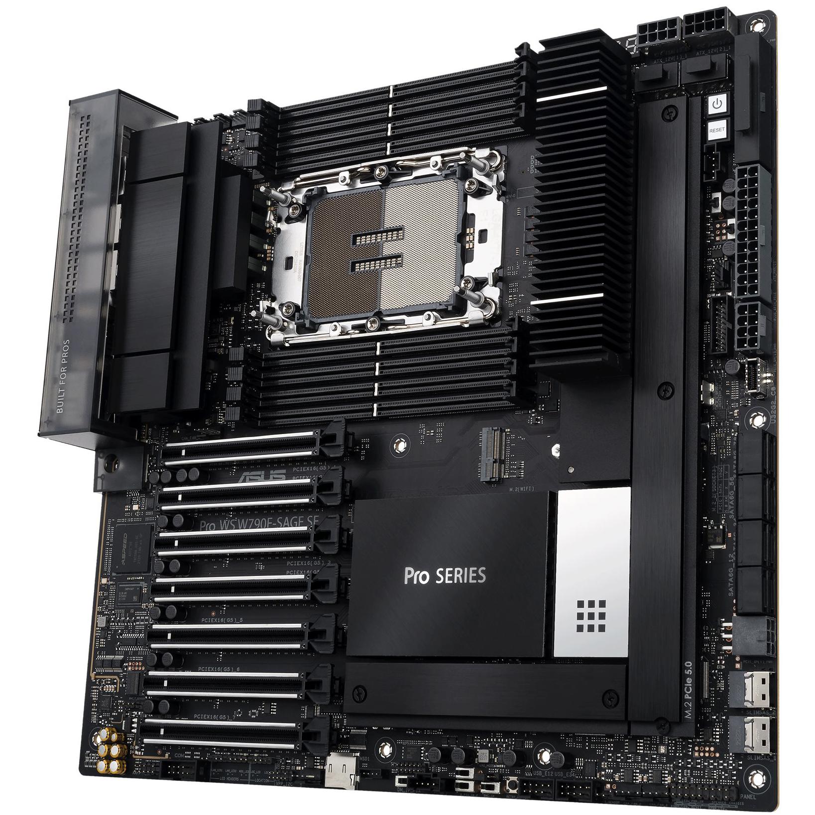 A large main feature product image of ASUS PRO WS W790E-SAGE SE LGA4677 Workstation Motherboard