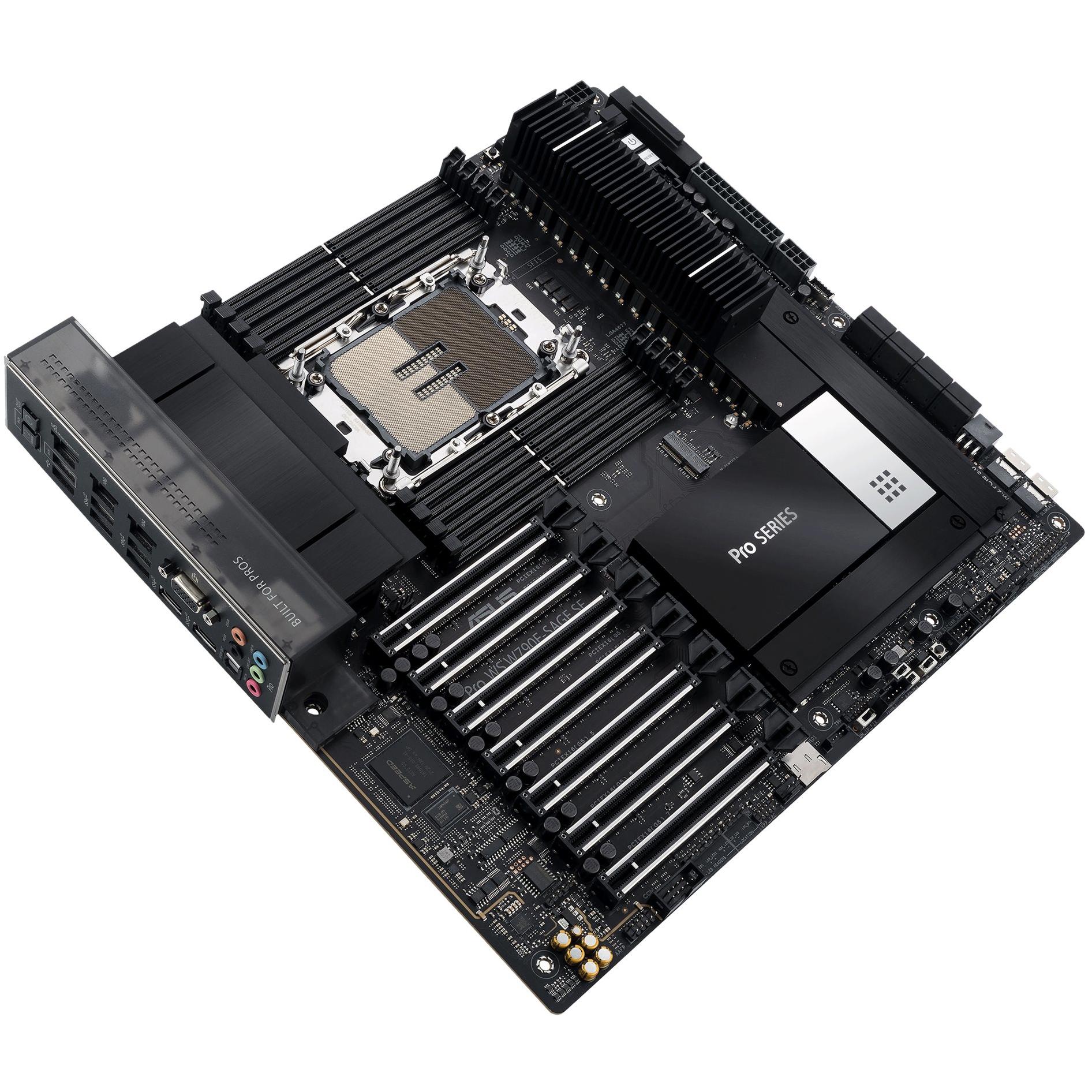 A large main feature product image of ASUS PRO WS W790E-SAGE SE LGA4677 Workstation Motherboard