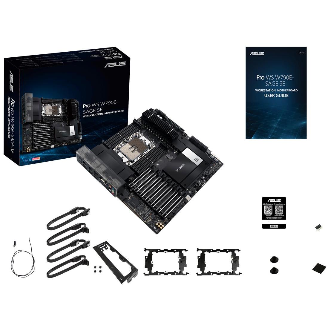 A large main feature product image of ASUS PRO WS W790E-SAGE SE LGA4677 Workstation Motherboard