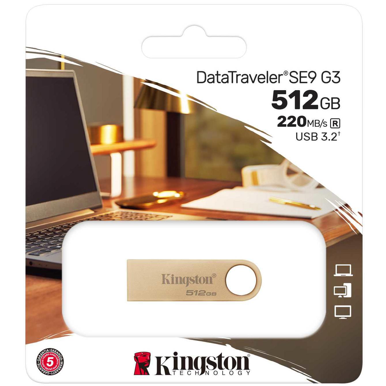 A large main feature product image of Kingston DataTraveler SE9 G3 512GB USB 3.2 Gen 1 Type-A Flash Drive