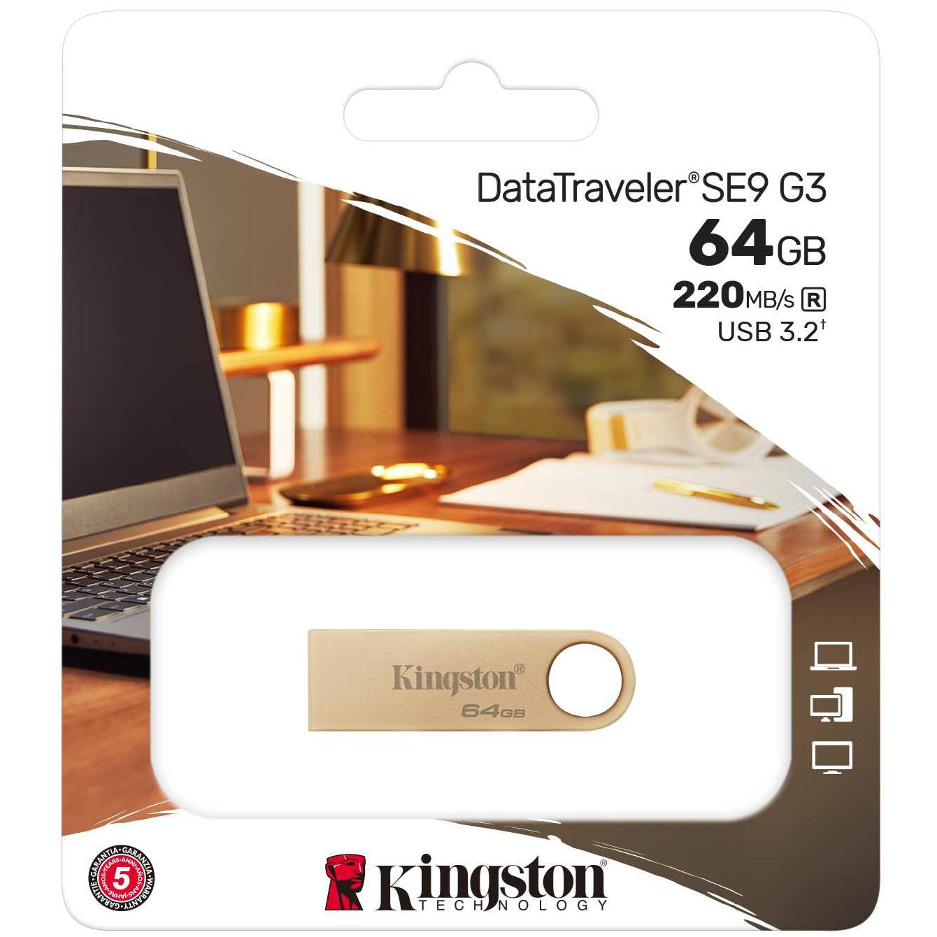 A large main feature product image of Kingston DataTraveler SE9 G3 64GB USB 3.2 Gen 1 Type-A Flash Drive