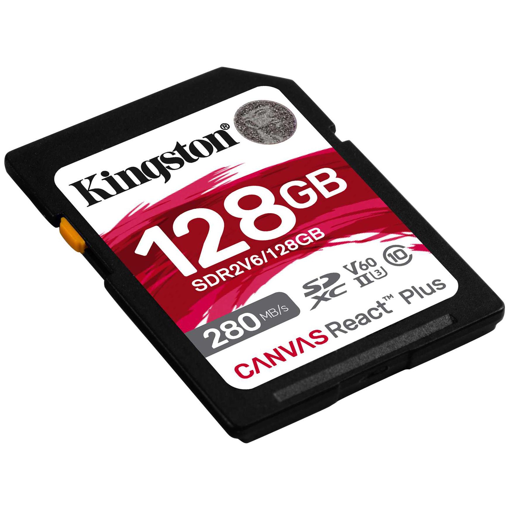 A large main feature product image of Kingston Canvas React 128GB SDXC U3 V60 UHS-II SD Card