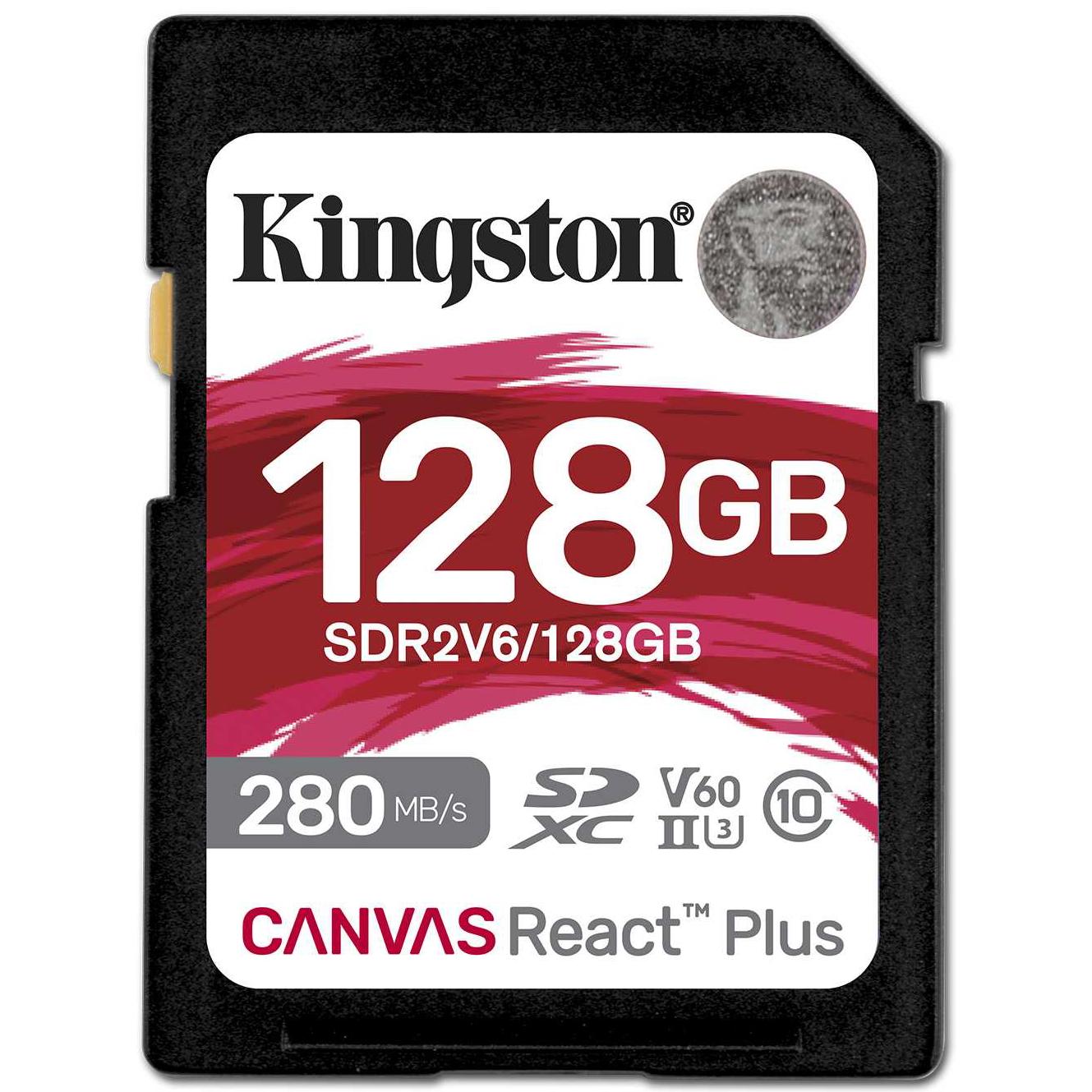 A large main feature product image of Kingston Canvas React 128GB SDXC U3 V60 UHS-II SD Card