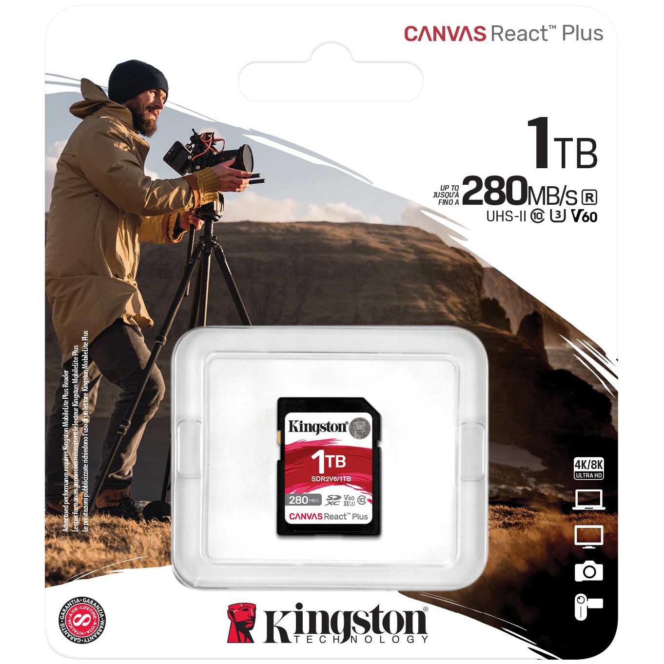 A large main feature product image of Kingston Canvas React SDXC U3 V60 UHS-II SD Card - 1TB