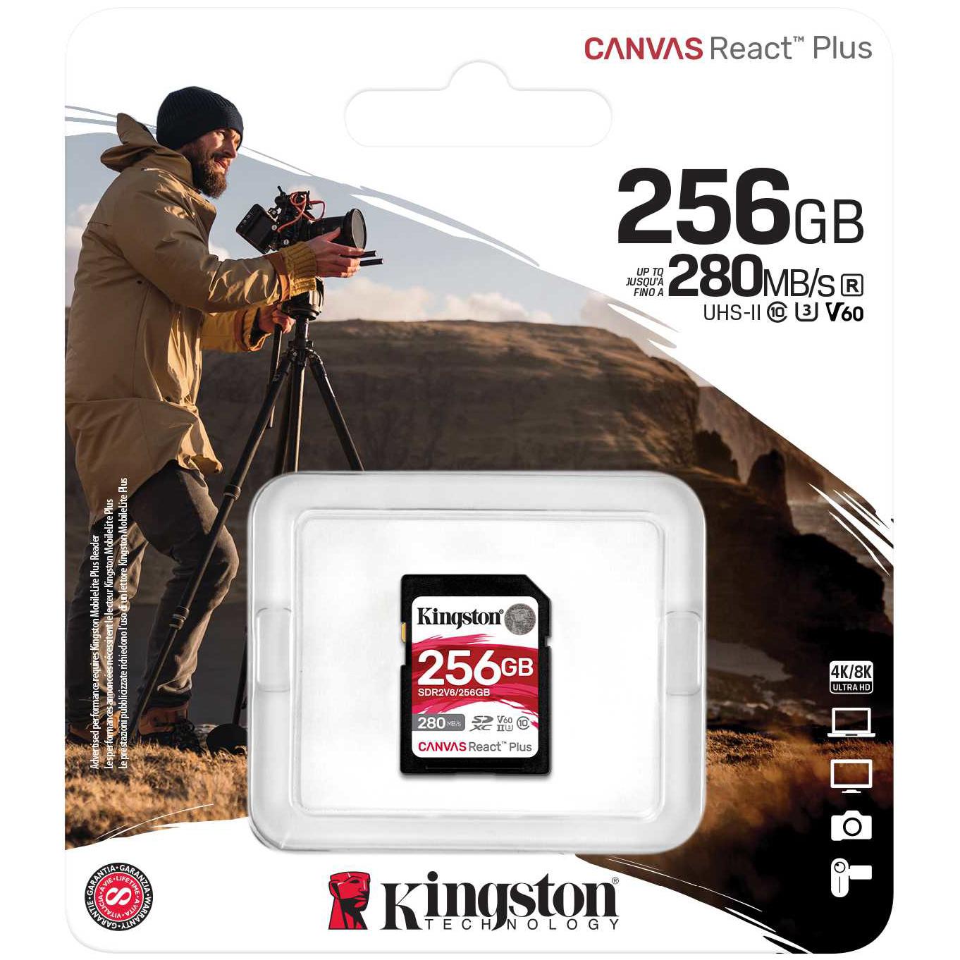 A large main feature product image of Kingston Canvas React 256GB SDXC U3 V60 UHS-II SD Card