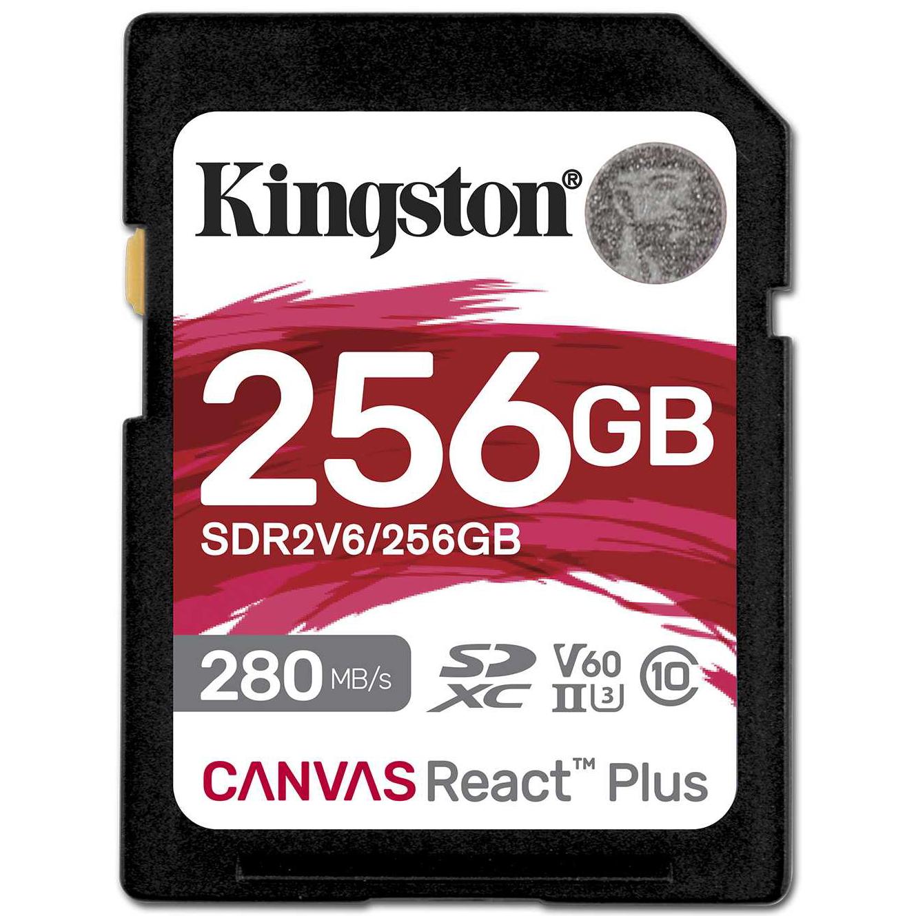 A large main feature product image of Kingston Canvas React 256GB SDXC U3 V60 UHS-II SD Card