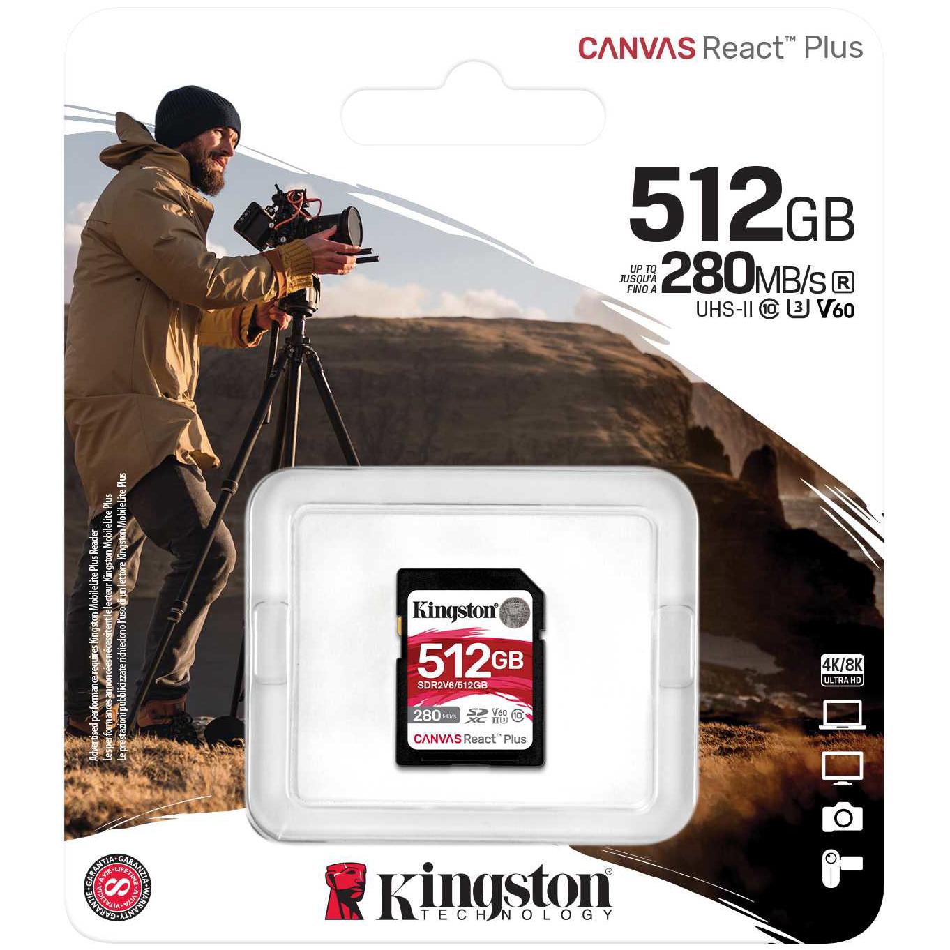 A large main feature product image of Kingston Canvas React SDXC U3 V60 UHS-II SD Card - 512GB