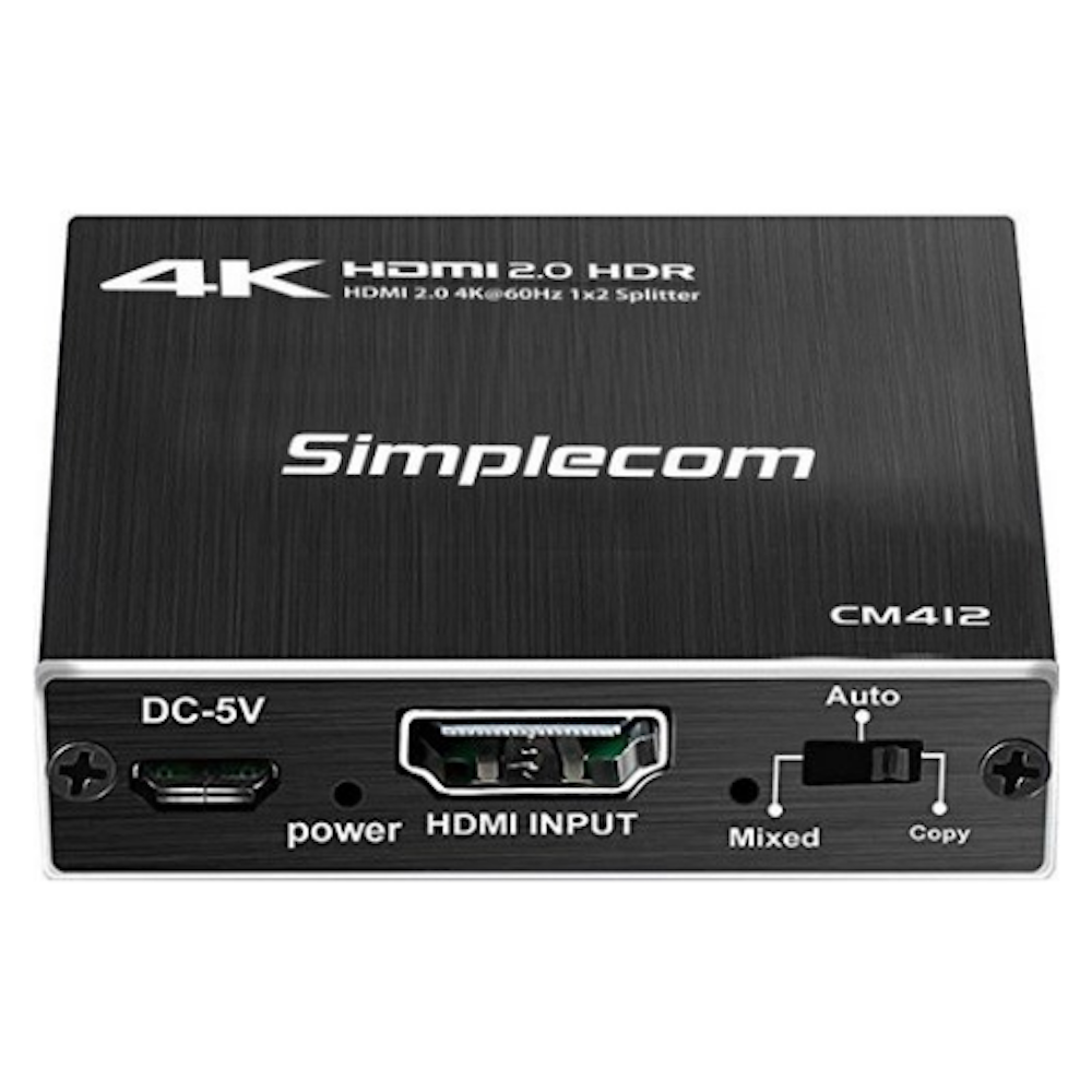 A large main feature product image of EX-DEMO Simplecom CM412 HDMI 2.0 1x2 Splitter 1 in 2 Out HDMI Duplicator