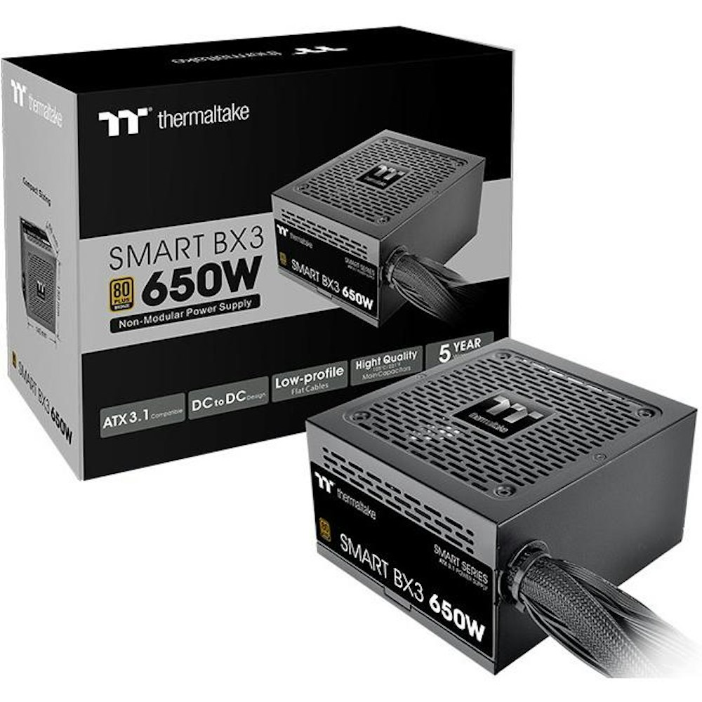 A large main feature product image of Thermaltake Smart BX3 - 650W 80PLUS Bronze PCIe 5.0 ATX PSU