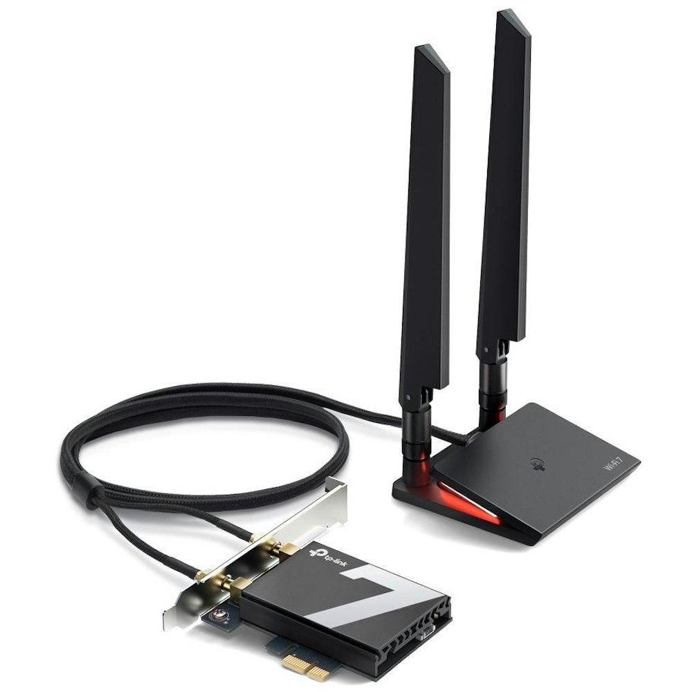 A large main feature product image of TP-Link Archer TBE550E - BE9300 Tri-Band Wi-Fi 7 Bluetooth 5.4 PCIe Adapter