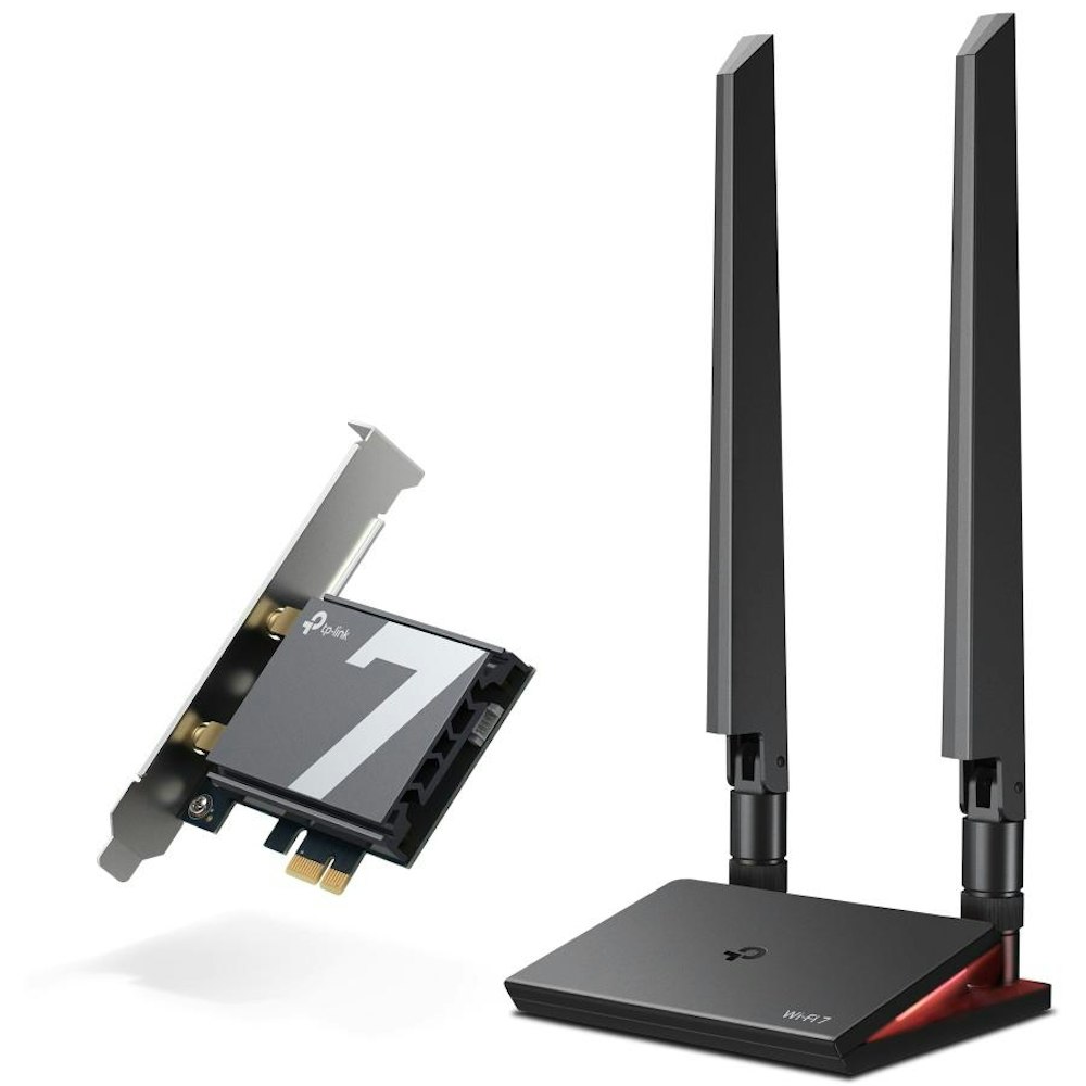 A large main feature product image of TP-Link Archer TBE550E - BE9300 Tri-Band Wi-Fi 7 Bluetooth 5.4 PCIe Adapter