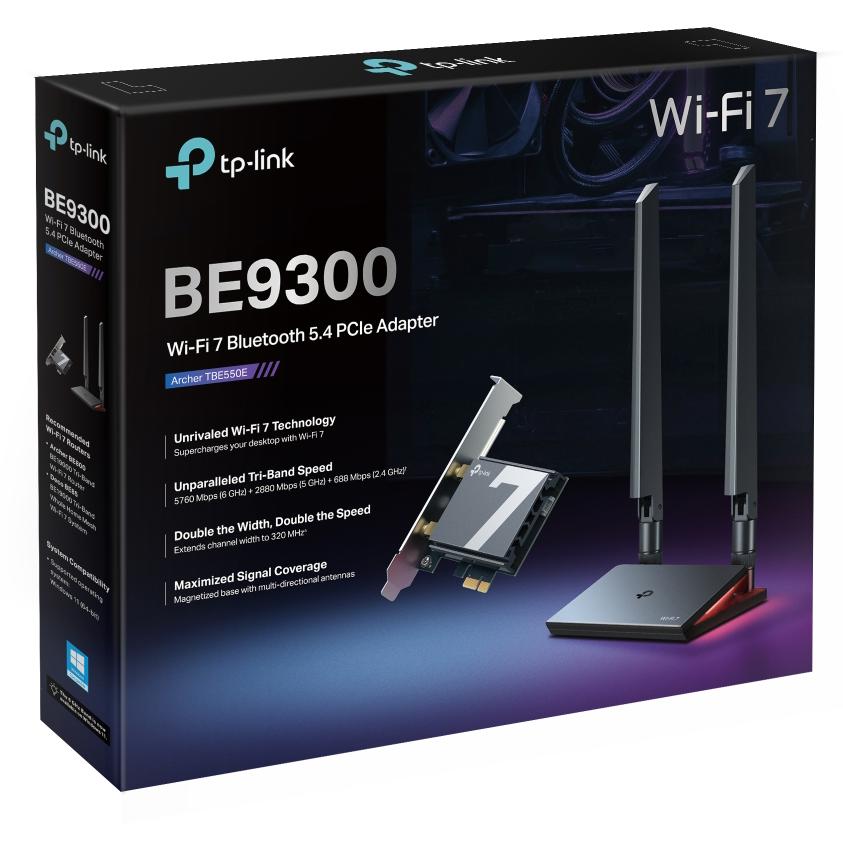 A large main feature product image of TP-Link Archer TBE550E - BE9300 Tri-Band Wi-Fi 7 Bluetooth 5.4 PCIe Adapter