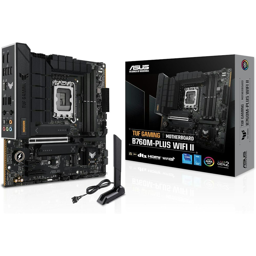 A large main feature product image of ASUS TUF Gaming B760M-Plus WiFi II LGA1700 mATX Desktop Motherboard