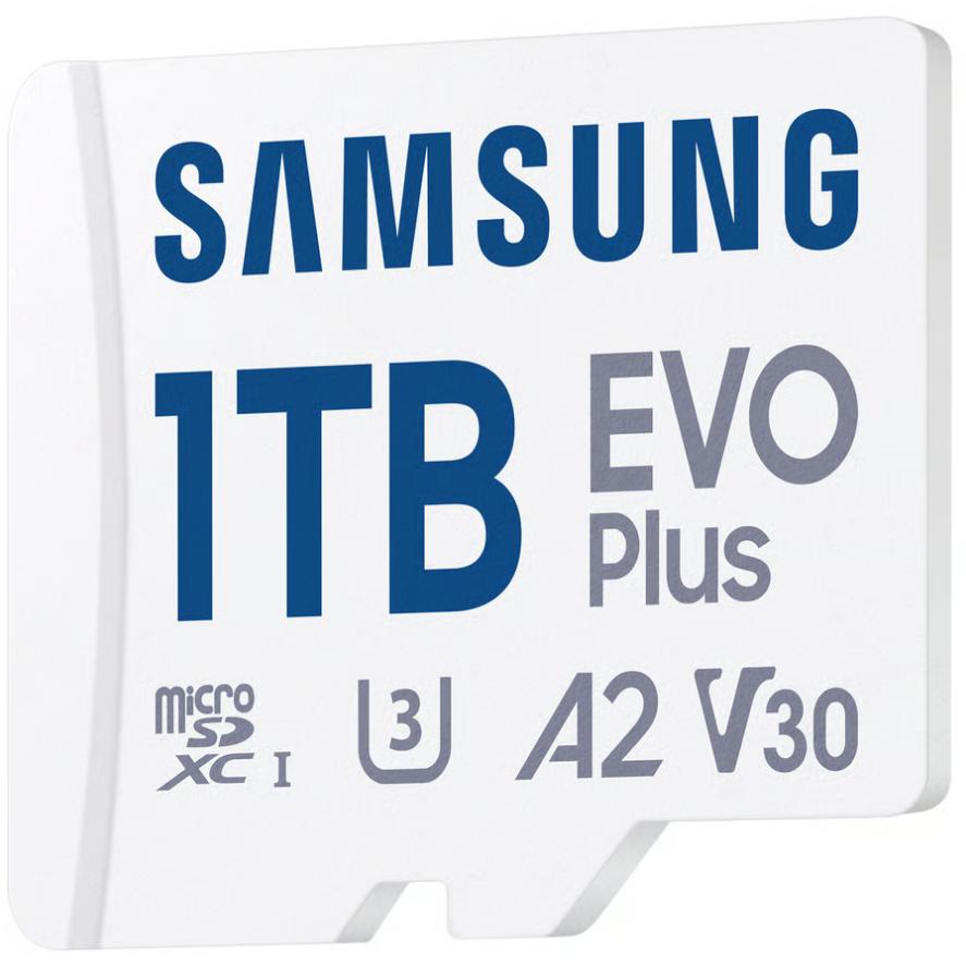 A large main feature product image of Samsung EVO Plus 1TB microSDXC U3 V30 A2 UHS-I microSD Card