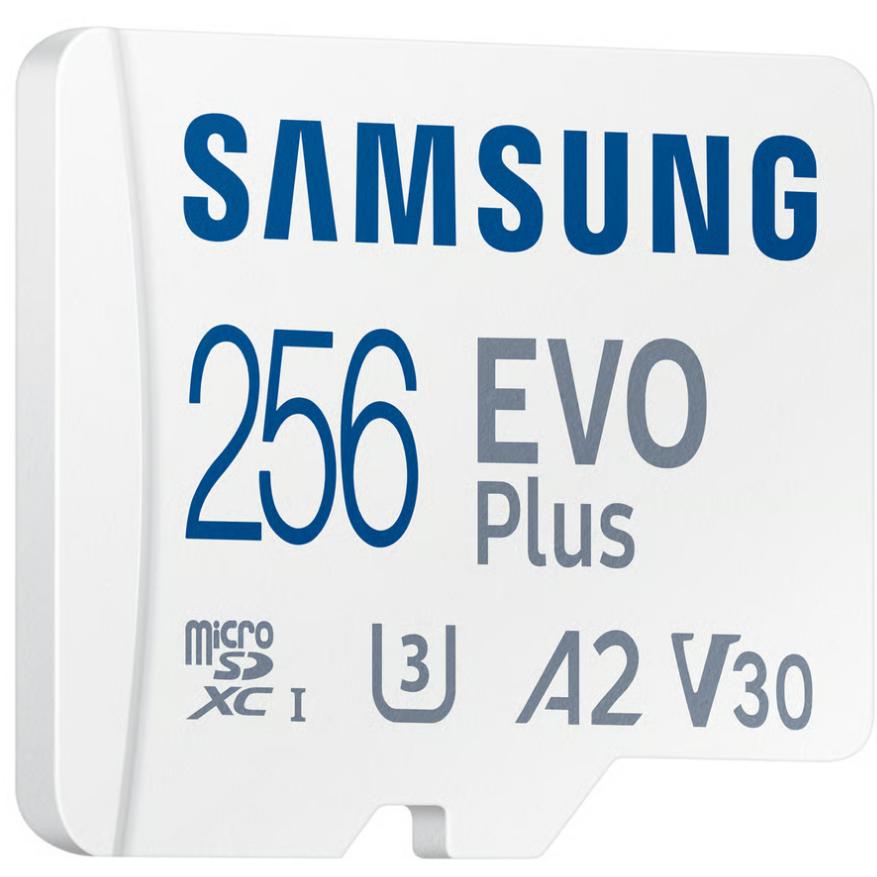 A large main feature product image of Samsung EVO Plus 256GB microSDXC U3 V30 A2 UHS-I microSD Card
