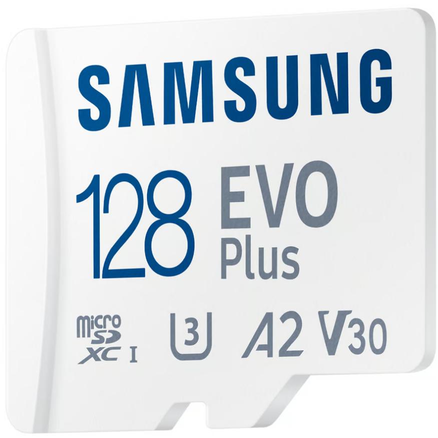 A large main feature product image of Samsung EVO Plus 128GB microSDXC U3 V30 A2 UHS-I microSD Card