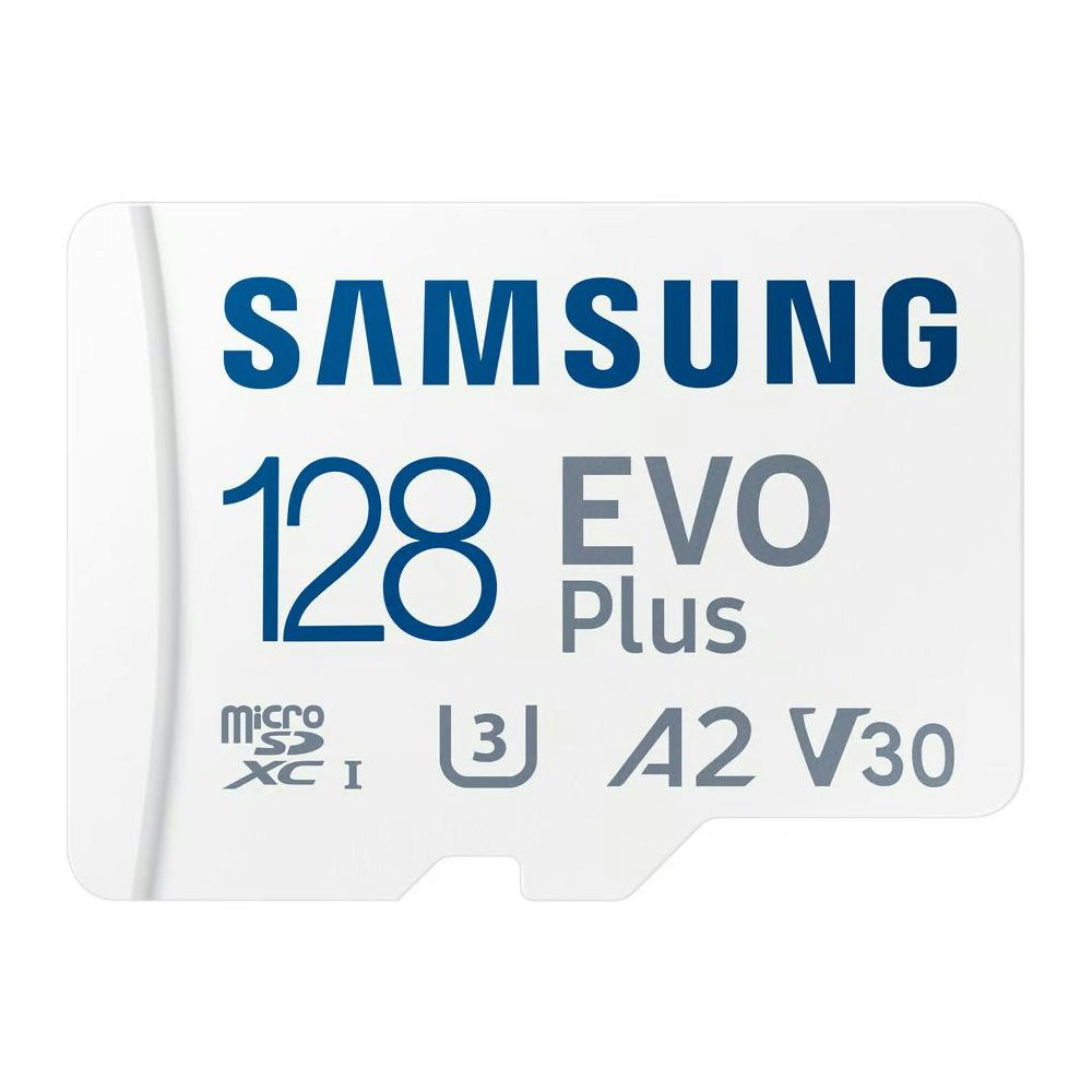 A large main feature product image of Samsung EVO Plus 128GB microSDXC U3 V30 A2 UHS-I microSD Card