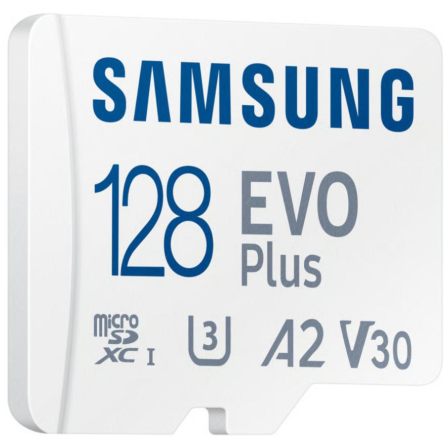 A large main feature product image of Samsung EVO Plus 128GB microSDXC U3 V30 A2 UHS-I microSD Card