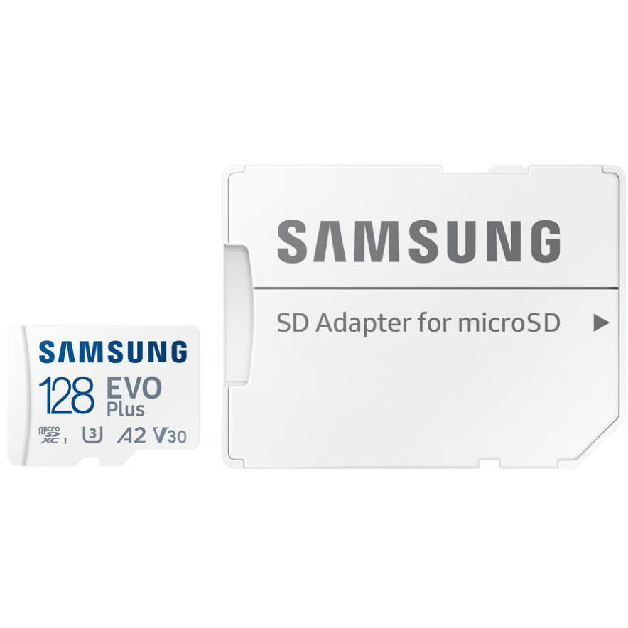 A large main feature product image of Samsung EVO Plus 128GB microSDXC U3 V30 A2 UHS-I microSD Card
