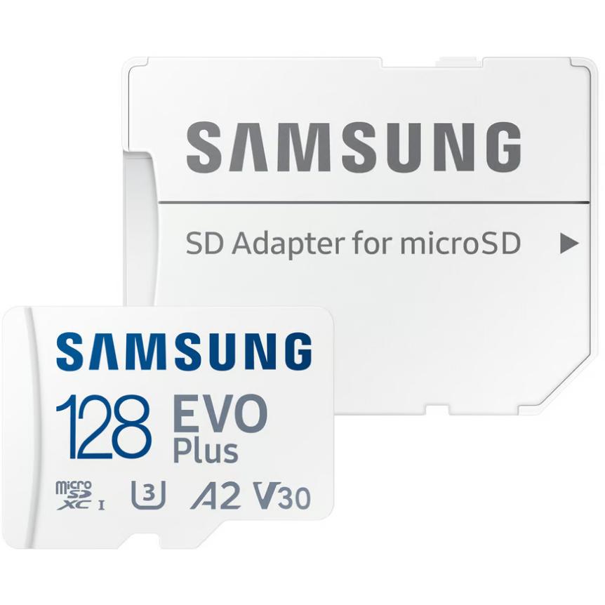 A large main feature product image of Samsung EVO Plus 128GB microSDXC U3 V30 A2 UHS-I microSD Card