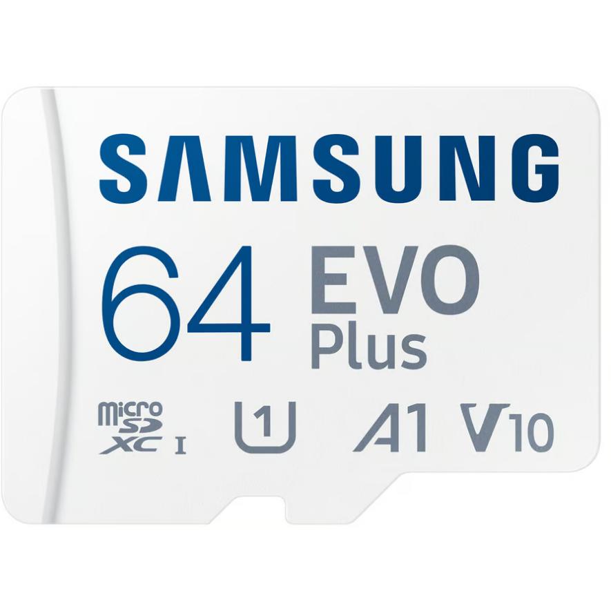 A large main feature product image of Samsung EVO Plus 64GB microSDXC U3 V30 A2 UHS-I microSD Card