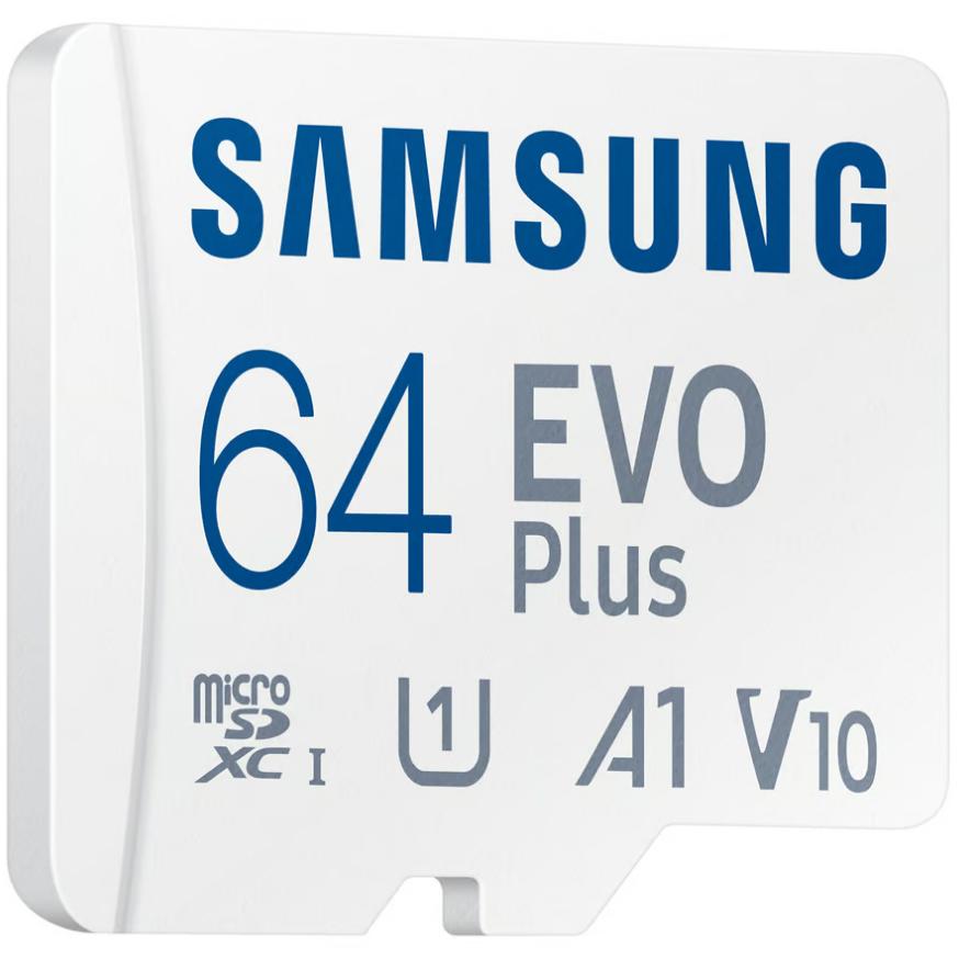 A large main feature product image of Samsung EVO Plus 64GB microSDXC U3 V30 A2 UHS-I microSD Card