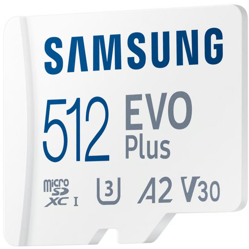A large main feature product image of Samsung EVO Plus 512GB microSDXC U3 V30 A2 UHS-I microSD Card