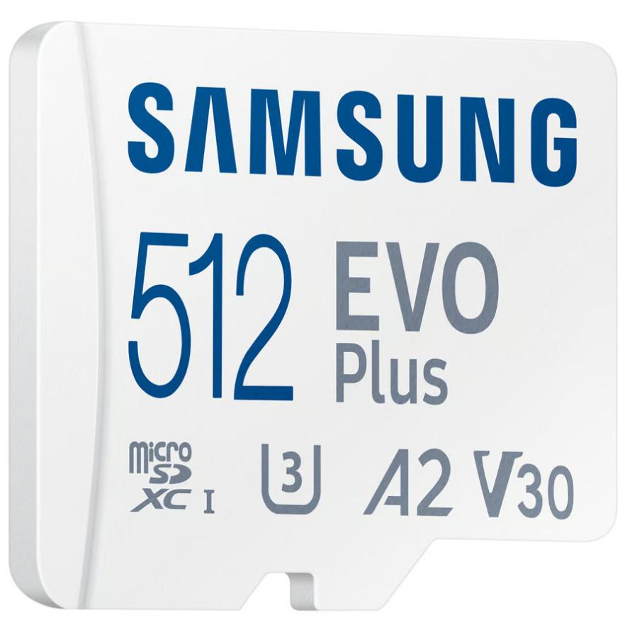 A large main feature product image of Samsung EVO Plus 512GB microSDXC U3 V30 A2 UHS-I microSD Card
